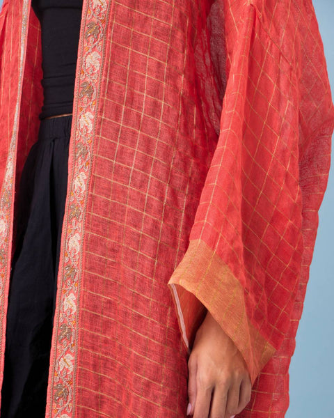 Zari Silk Long Sleeves Half Abaya-Red