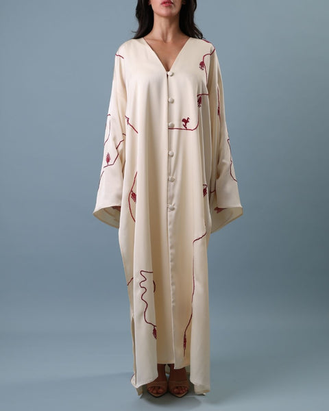 Satin Kaftan - Lily, Cypress Tree of Ramallah, and Pigeon | زنبقة، وشجرة السرو في رام الله، وحمامة