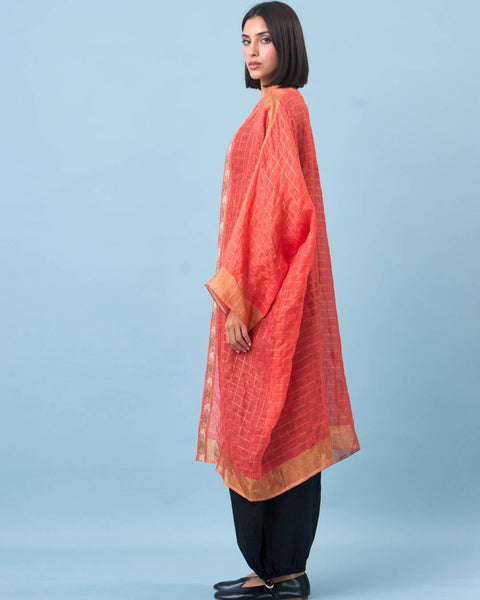 Zari Silk Long Sleeves Half Abaya-Red