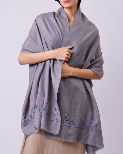 Grey Blue Silk Merino Shawl Flowers of Rumi | زهور الروم