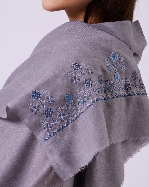 Grey Blue Silk Merino Shawl Flowers of Rumi | زهور الروم