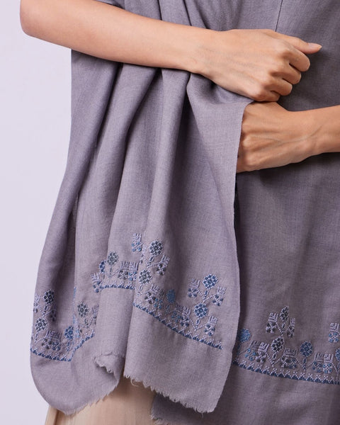Grey Blue Silk Merino Shawl Flowers of Rumi | زهور الروم