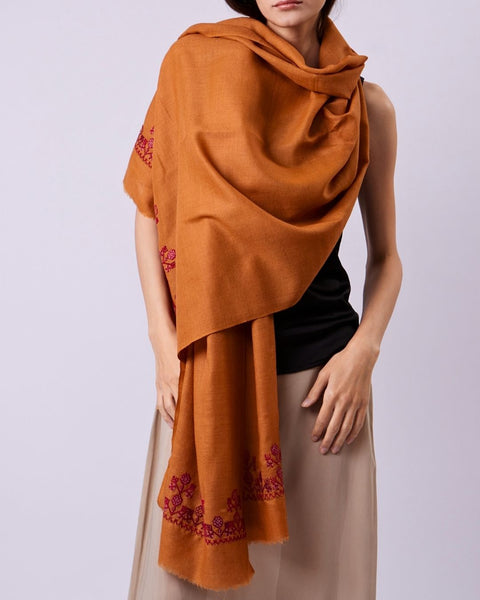 Sienna Brown Silk Merino Shawl Flowers of Rumi | زهور الروم