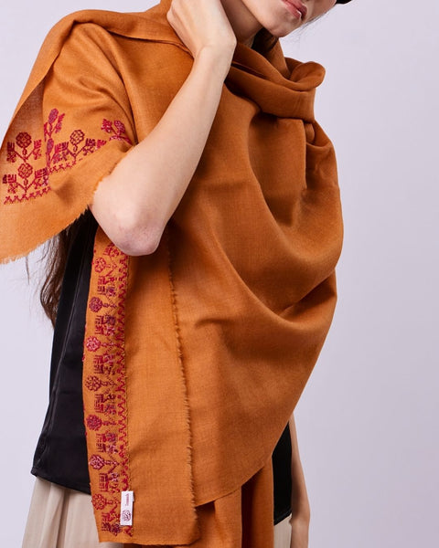 Sienna Brown Silk Merino Shawl Flowers of Rumi | زهور الروم