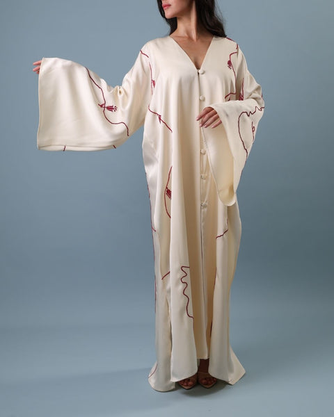 Satin Kaftan - Lily, Cypress Tree of Ramallah, and Pigeon | زنبقة، وشجرة السرو في رام الله، وحمامة