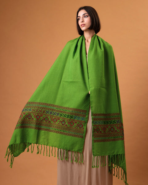 Green Cotton Wool Shawl Mixed Embroidery | التطريز المختلط