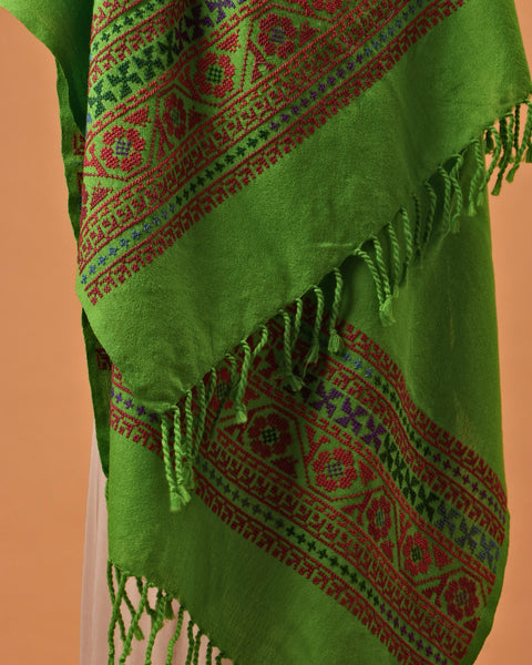 Green Cotton Wool Shawl Mixed Embroidery | التطريز المختلط