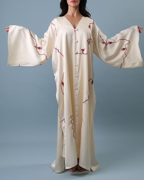 Satin Kaftan - Lily, Cypress Tree of Ramallah, and Pigeon | زنبقة، وشجرة السرو في رام الله، وحمامة