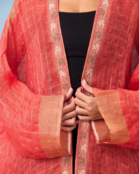 Zari Silk Long Sleeves Half Abaya-Red