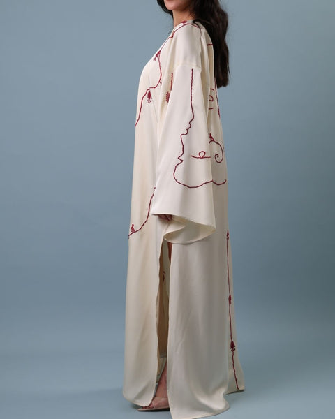 Satin Kaftan - Lily, Cypress Tree of Ramallah, and Pigeon | زنبقة، وشجرة السرو في رام الله، وحمامة