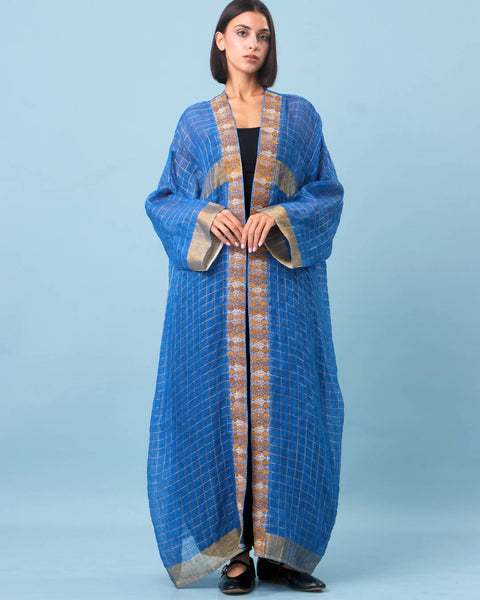 Zari Silk Long Sleeves Abaya-Blue