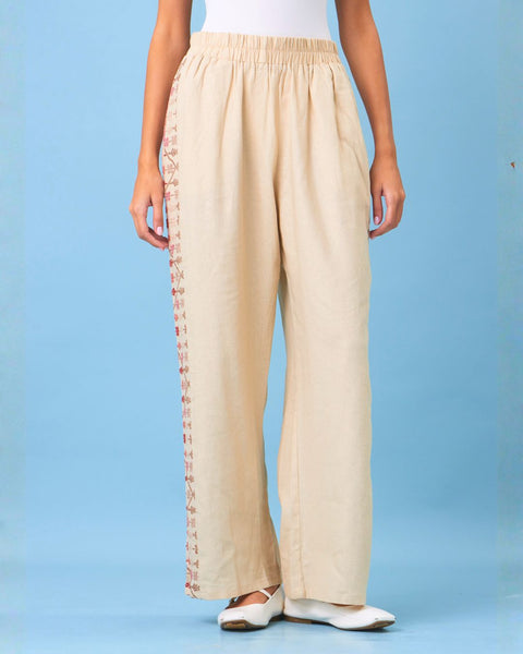 Beige Linen Pants Flowers and Cypress of Palestine | زهور وسرو فلسطين