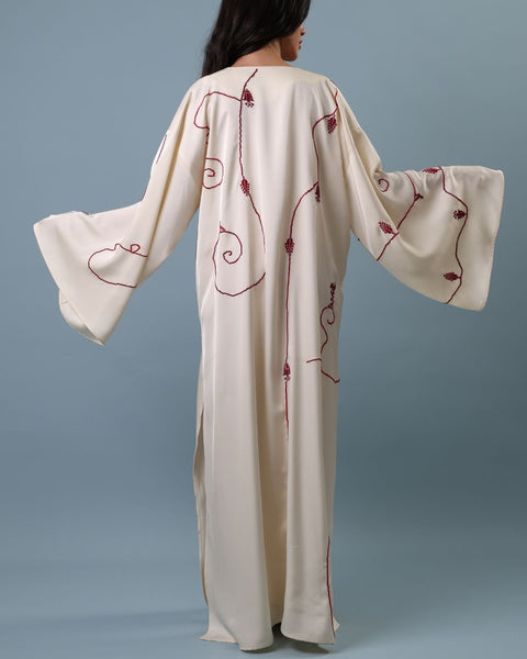 Satin Kaftan - Lily, Cypress Tree of Ramallah, and Pigeon | زنبقة، وشجرة السرو في رام الله، وحمامة