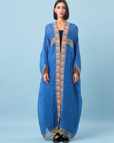 Zari Silk Long Sleeves Abaya-Blue