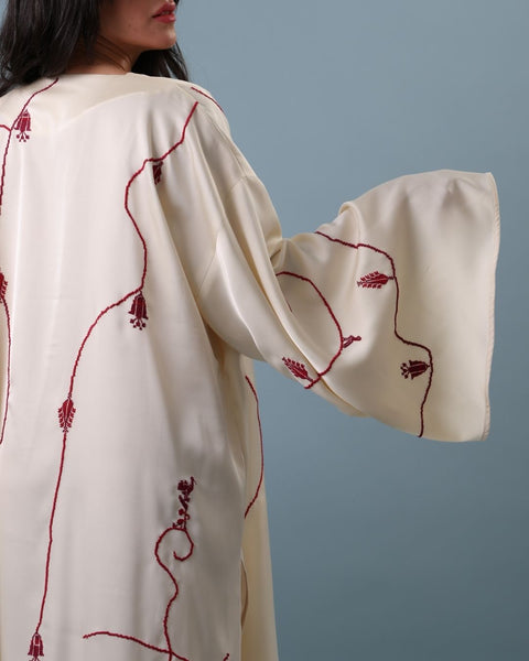 Satin Kaftan - Lily, Cypress Tree of Ramallah, and Pigeon | زنبقة، وشجرة السرو في رام الله، وحمامة