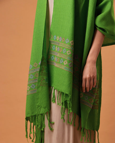 Green Cotton Wool Shawl Mixed Embroidery | التطريز المختلط