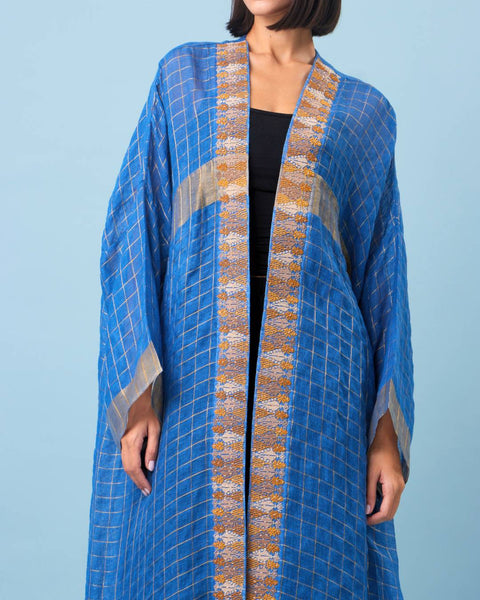 Zari Silk Long Sleeves Abaya-Blue