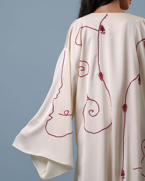 Satin Kaftan - Lily, Cypress Tree of Ramallah, and Pigeon | زنبقة، وشجرة السرو في رام الله، وحمامة