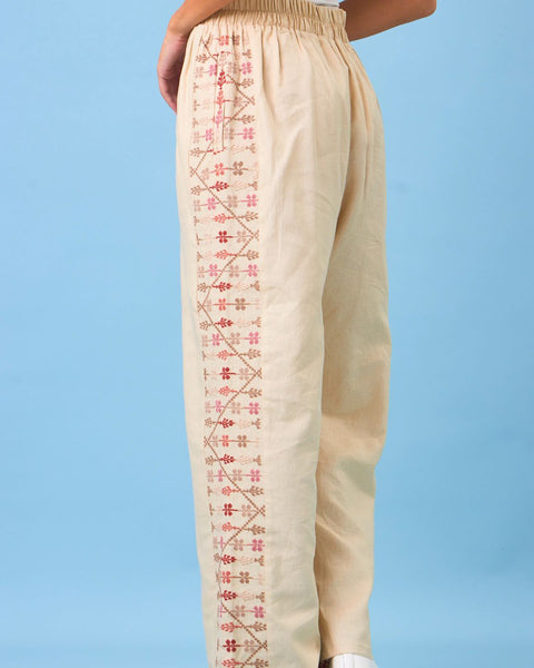 Beige Linen Pants Flowers and Cypress of Palestine | زهور وسرو فلسطين