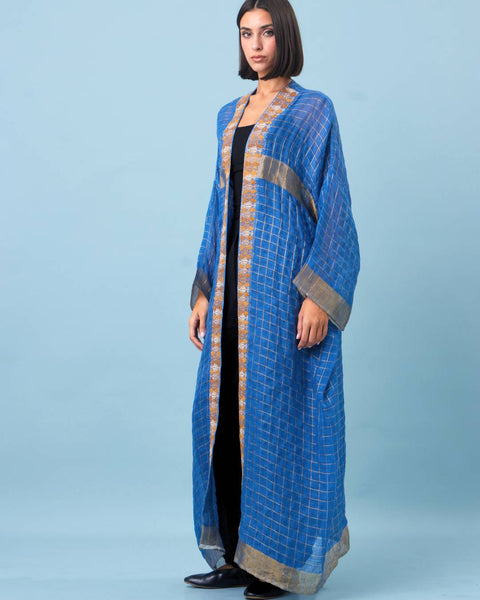 Zari Silk Long Sleeves Abaya-Blue