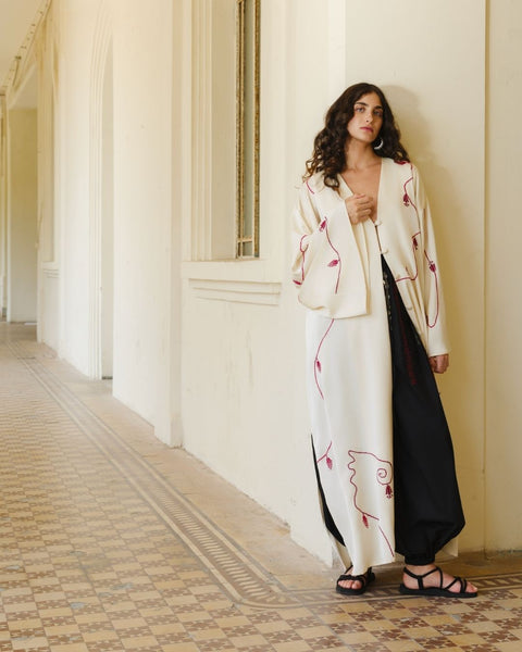 Satin Kaftan - Lily, Cypress Tree of Ramallah, and Pigeon | زنبقة، وشجرة السرو في رام الله، وحمامة