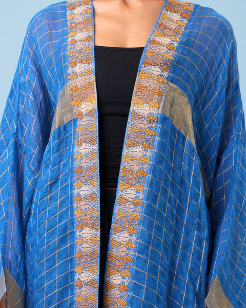 Zari Silk Long Sleeves Abaya-Blue