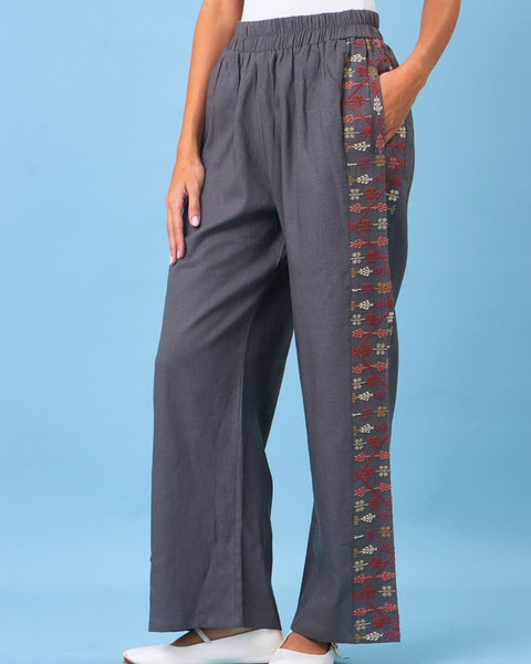 Grey Linen Pants Flowers and Cypress of Palestine | زهور وسرو فلسطين