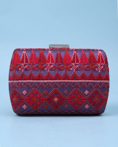 Purple Contrast Flat Silk Clutch- Gaza Embroidery | تطريز غزة