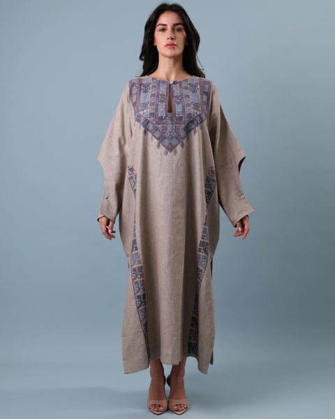 Blue Traditional Palestinian Linen Thobe Ramallah Embroidery | تطريز رام الله