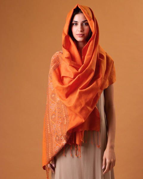 Green Cotton Wool Shawl Mixed Embroidery | التطريز المختلط