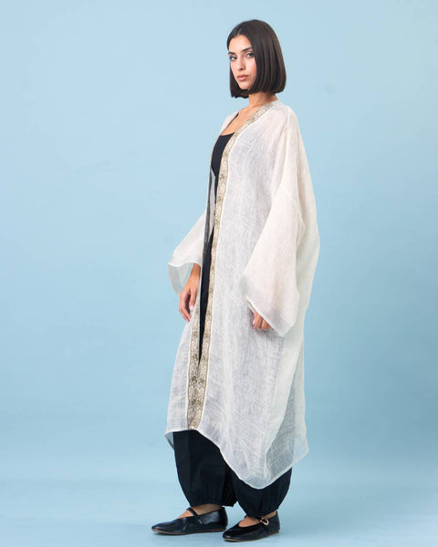 Zari Silk Long Sleeves Half Abaya-White