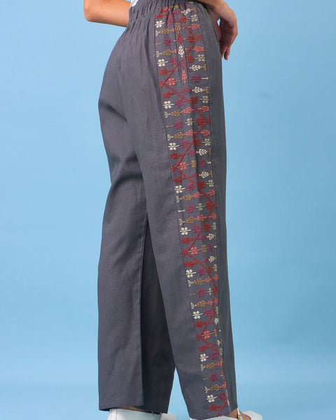 Grey Linen Pants Flowers and Cypress of Palestine | زهور وسرو فلسطين