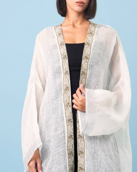Zari Silk Long Sleeves Half Abaya-White
