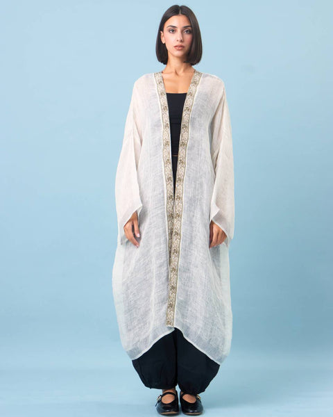 Zari Silk Long Sleeves Half Abaya-White