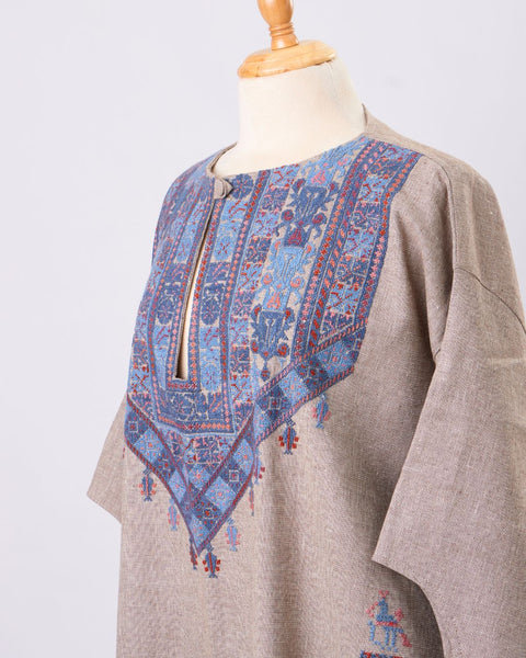 Blue Traditional Palestinian Linen Thobe Ramallah Embroidery | تطريز رام الله