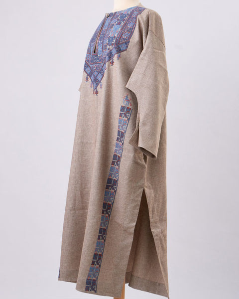 Blue Traditional Palestinian Linen Thobe Ramallah Embroidery | تطريز رام الله