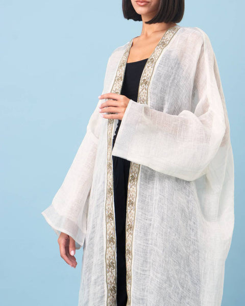 Zari Silk Long Sleeves Half Abaya-White