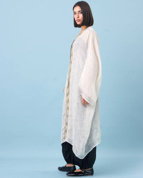 Zari Silk Long Sleeves Half Abaya-White