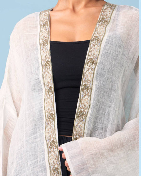 Zari Silk Long Sleeves Half Abaya-White