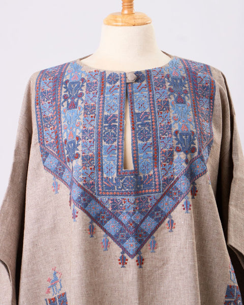 Blue Traditional Palestinian Linen Thobe Ramallah Embroidery | تطريز رام الله