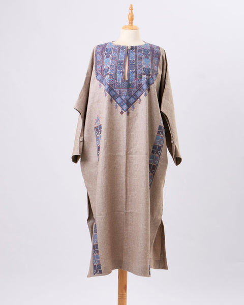 Blue Traditional Palestinian Linen Thobe Ramallah Embroidery | تطريز رام الله