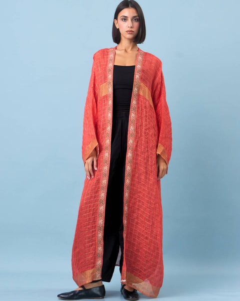 Zari Silk Long Sleeves Abaya-Red