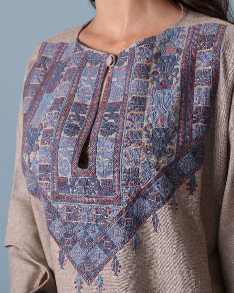 Blue Traditional Palestinian Linen Thobe Ramallah Embroidery | تطريز رام الله