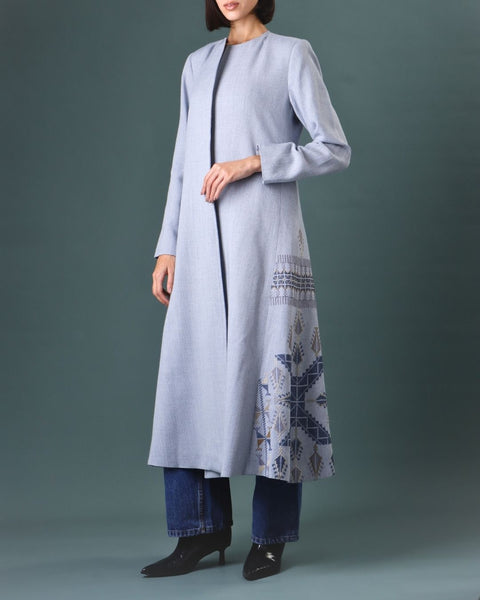 A Shape Straight Abaya Coat Blue- Gaza Embroidery | تطريز غزة