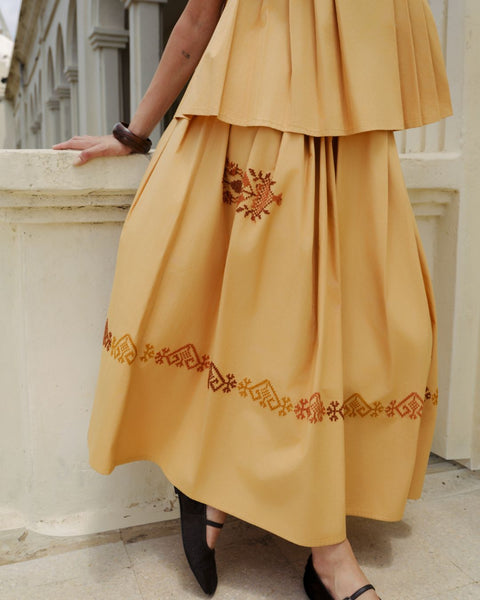 Pleated Yellow Skirt- Vase, Almond Branch & Birds | مزهرية، غصن اللوز والطيور