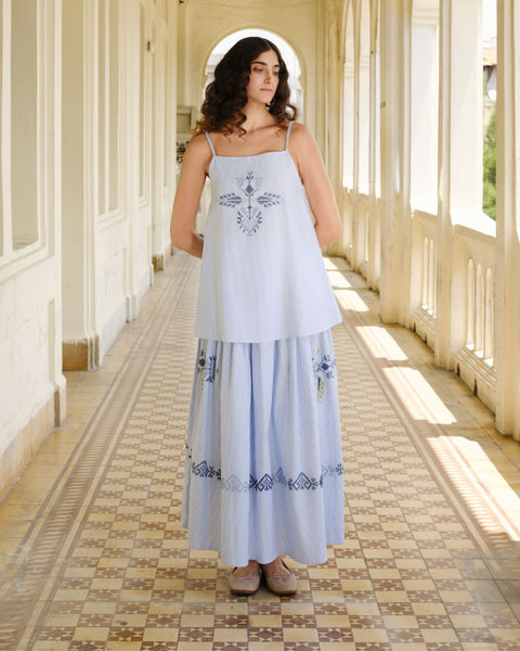 Pleated Striped Skirt- Vase, Almond Branch & Birds | مزهرية، غصن اللوز والطيور