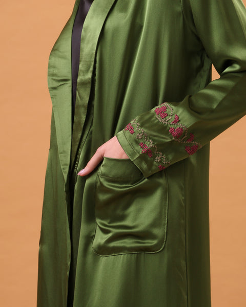 Green Silk Abaya Embroidered Sleeves Irq el Nafnouf | تطريز عرق النفنوف
