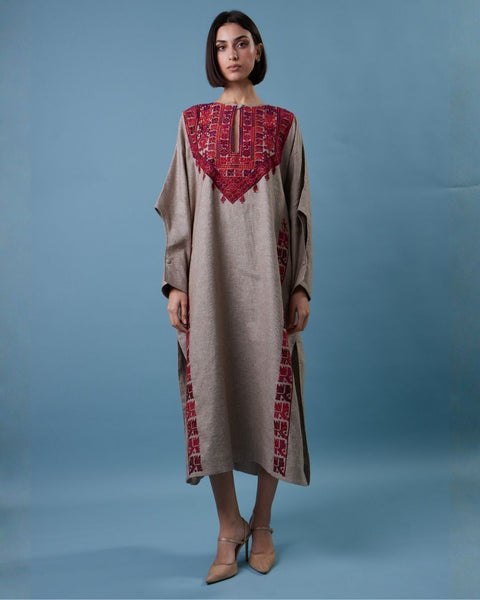 Traditional Palestinian Linen Thobe Ramallah Embroidery | تطريز رام الله