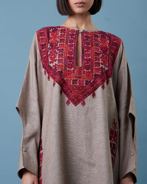 Traditional Palestinian Linen Thobe Ramallah Embroidery | تطريز رام الله