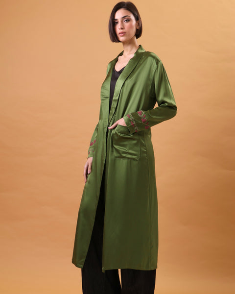 Green Silk Abaya Embroidered Sleeves Irq el Nafnouf | تطريز عرق النفنوف